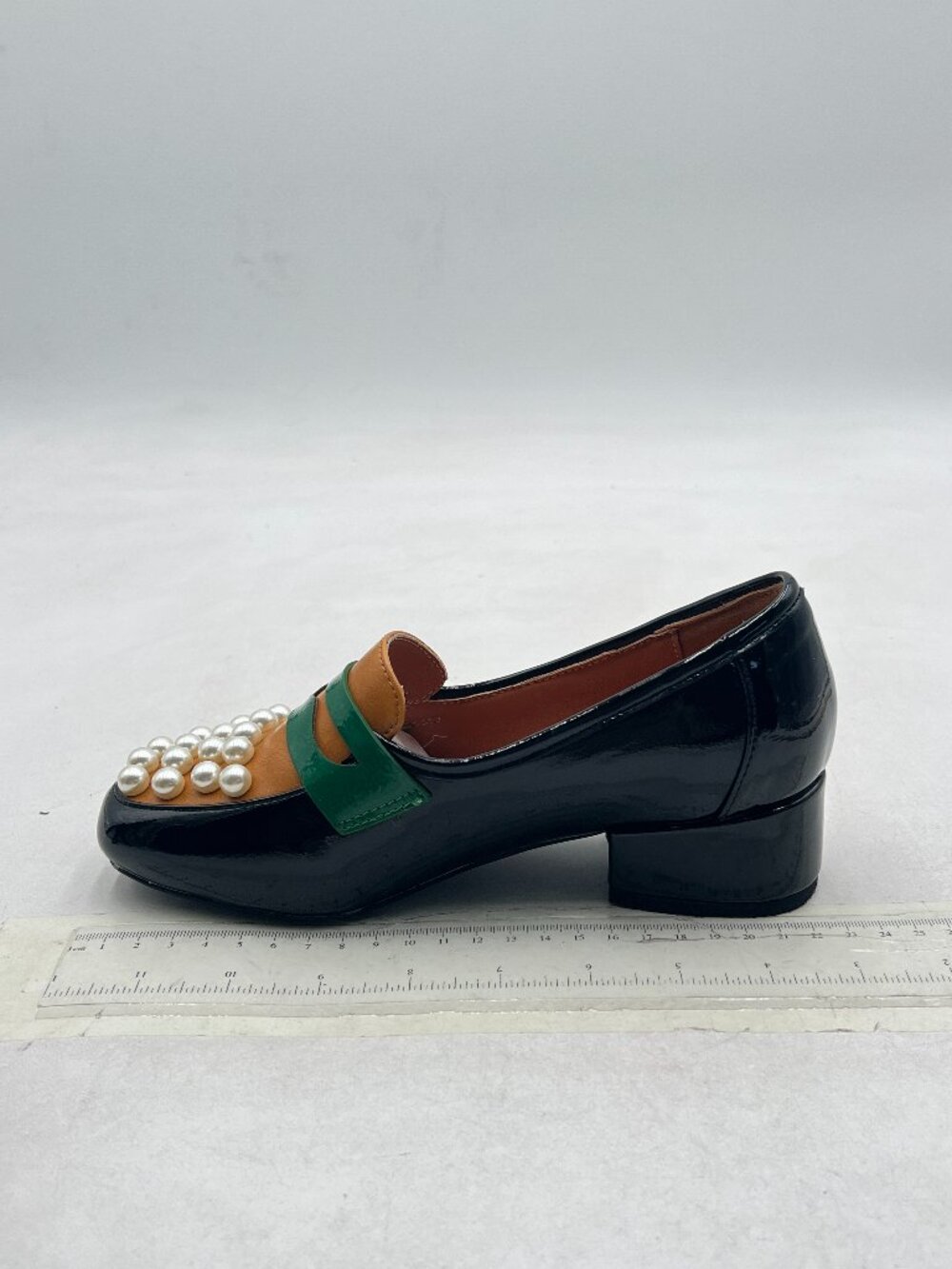 FSJ Black Glossy Square Toe Pearls Loafers Block Heel Slip On Casual Shoes